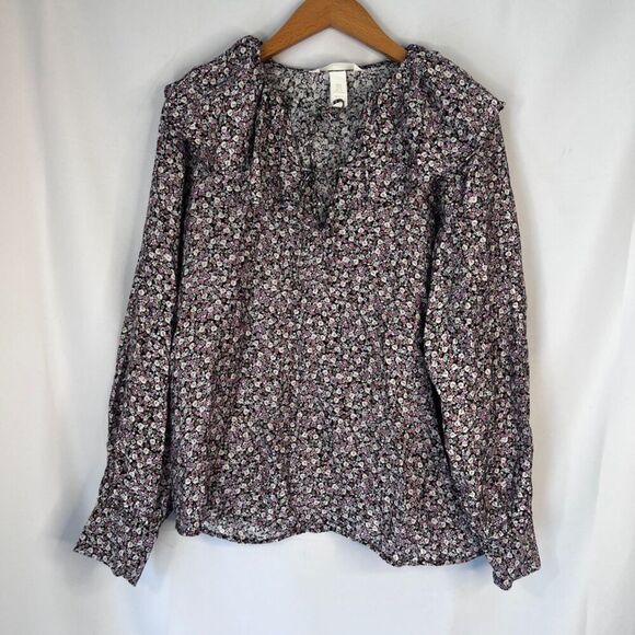 H&M Floral Print Ruffle Collar Tie Neck Long Sleeve Peasant Blouse Size Small - Picture 9 of 9